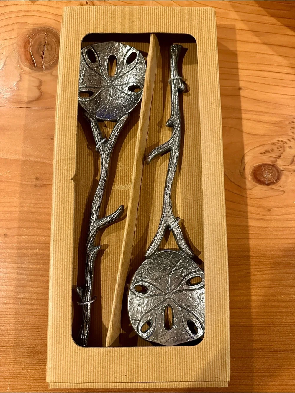 NEW Pottery Barn Sand Dollar Salad Servers Set Twig Handles Coastal Serving NIB